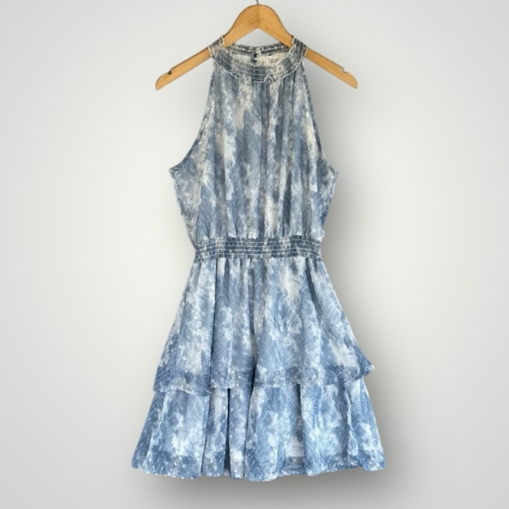 Peach Love California Blue Tie-Dye Halter Tiered Mini Dress